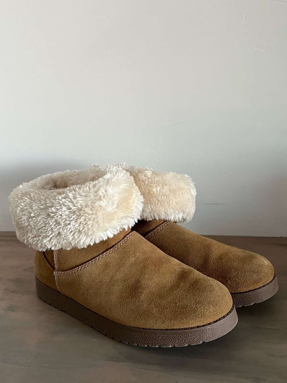 Target Women's Fold-Down Faux-Shearling Slippers in Tan and Cream